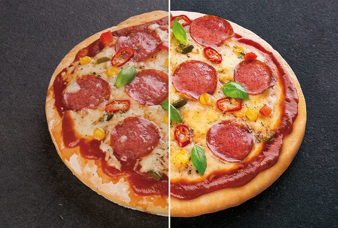 Zdjęcie produktowe pizzy - przed i po korekcie